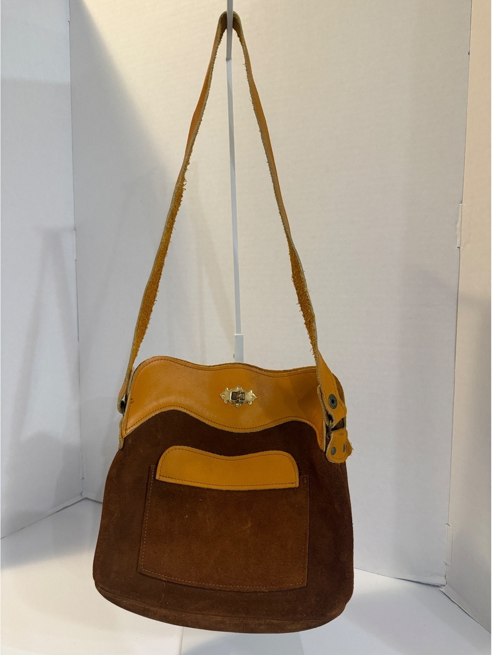 Brown suede and tan leather shoulder bag